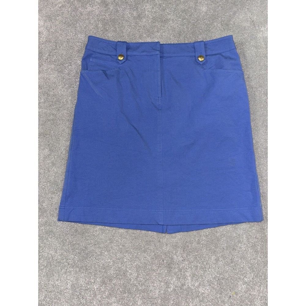 J. McLaughlin Blue Pencil Skirt SZ 8 Gold Buttons Pockets